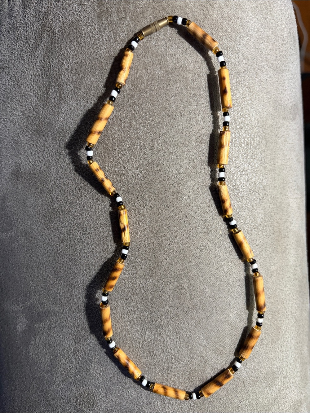 Handcrafted Brown Wood Bead Necklace with Black & White Accents